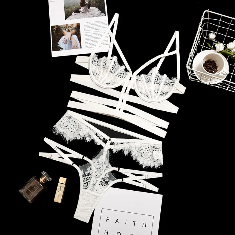 Hot sale Bikini Set White Underwear Erotic Sex Women's Sexy Costume Thong Sets black white Lingere Lingerie Bra Lace Brief Sui |