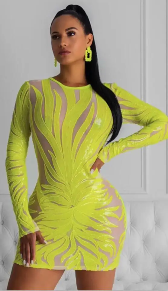 Рождественское платье сексуальное с длинным рукавом сеткой блестками желтое