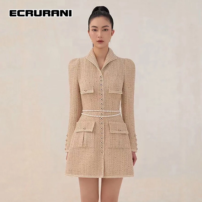 

ECRURANI Apricot Elegant Mini Dresses For Females Lapel Long Sleeve High Waist Slimming Women's Solid Patchwork Dress 2021 Style