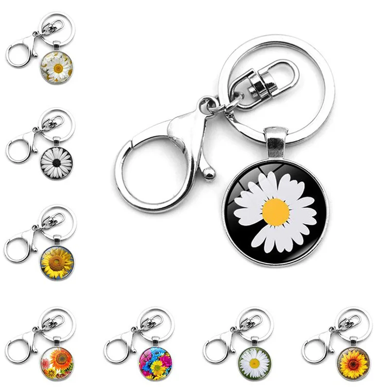 

WG 1pc Sunflower cabochon Keychain keyrings Pendant Daisy Time Gem&stone Metal Glass Ball Keyring Lobster Clasp Jewelry Pendant