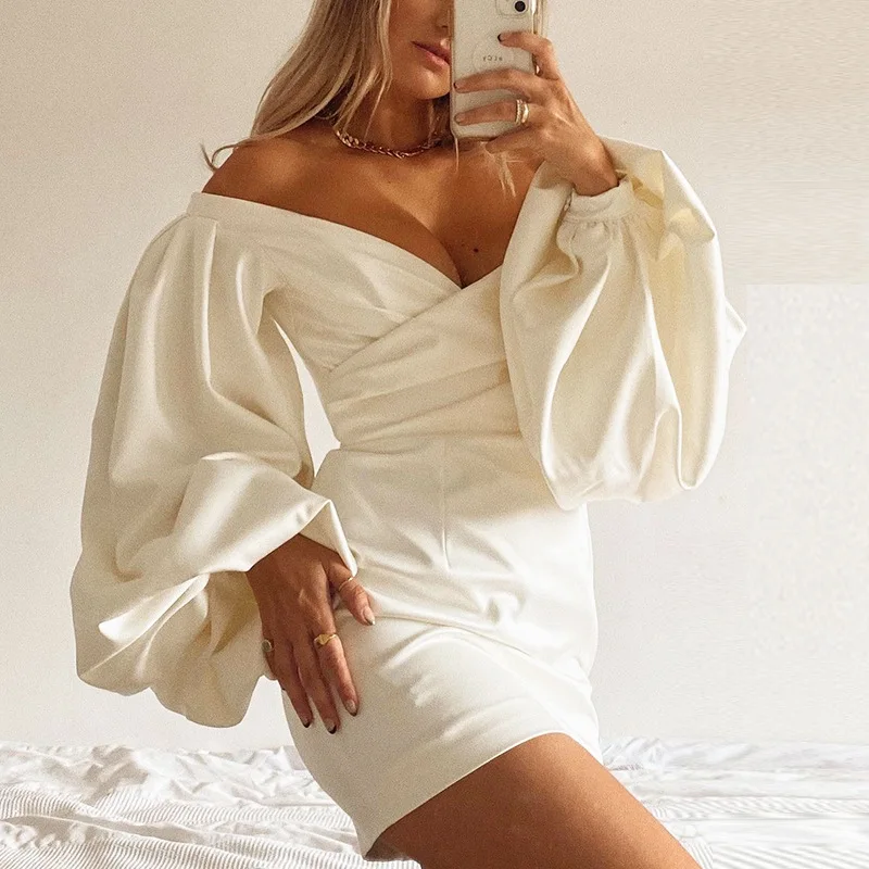 

DEIVE TEGER Women's Sexy V-neck Lantern Long Sleeve Backless Satin Ruched Draped Vestidos Celebrity Birthday Party Dresses