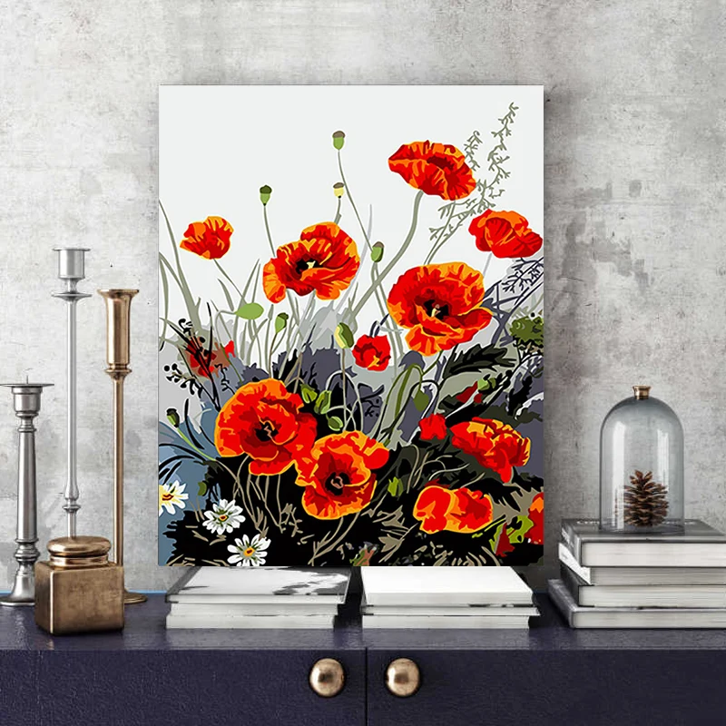 Картина с красными цветами по номерам красная Поппи закат Трава Пейзаж ручной