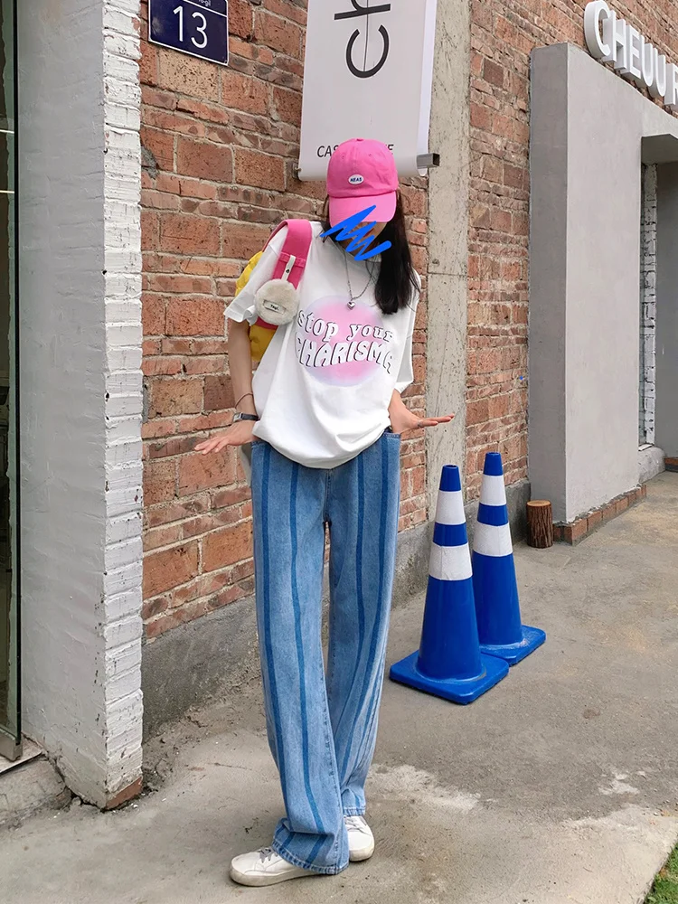 Bubble Design Blue Jeans for Women 2021 High Waist Straight Thin Trousers Fashion Rac | Женская одежда