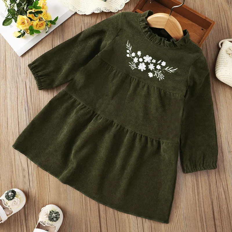 

Autumn Winter 2021 New Girls Dress Long Sleeve O Neck Embroidery Floral Blackish Green Color Cute Sweet Baby Vestidos 1-8T