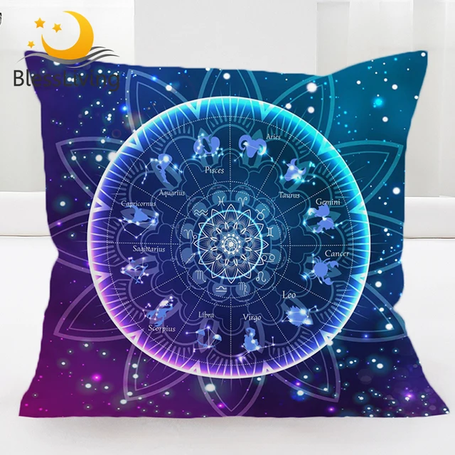 BlessLiving Zodiac Pillow Cover Lotus Mandala Cushion Cover Bling Realistic Galaxy Pillow Case Astrology Hippie Kussenhoes 1