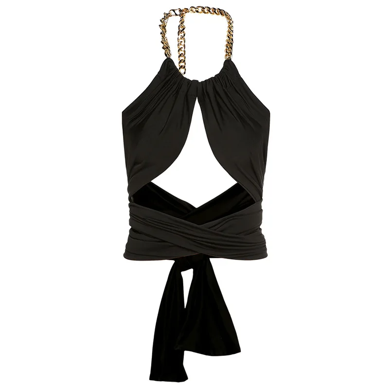 

Women Sexy Hollow Out Front Chain Strap Halter Criss Cross Top All-Match Female Backless Clubwear Y2k Summer Black Cropped Tops