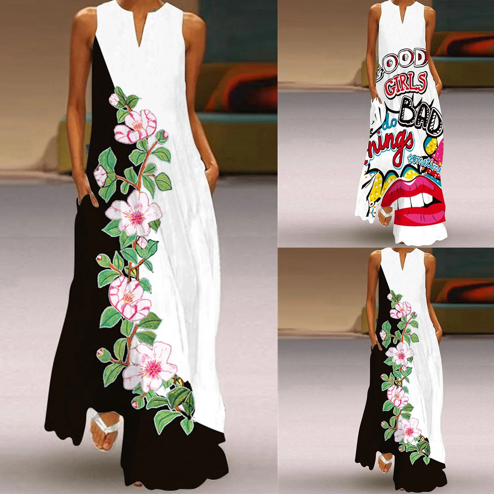 Женская одежда платье без рукавов с принтом и V-образным вырезом летнее вечернее
