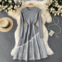 women retro houndstooth knitted dress long sleeve o neck a line dresses autumn winter korean streetwear sweater dress