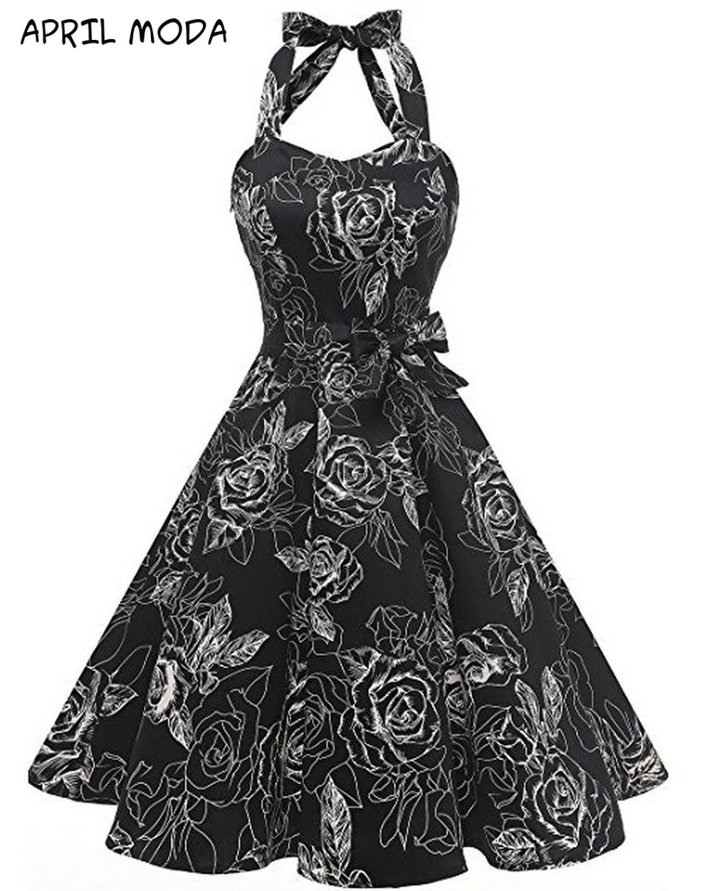 2020 Ретро белое платье в горошек Одри Хепберн винтажное с лямкой на шее 50s 60s