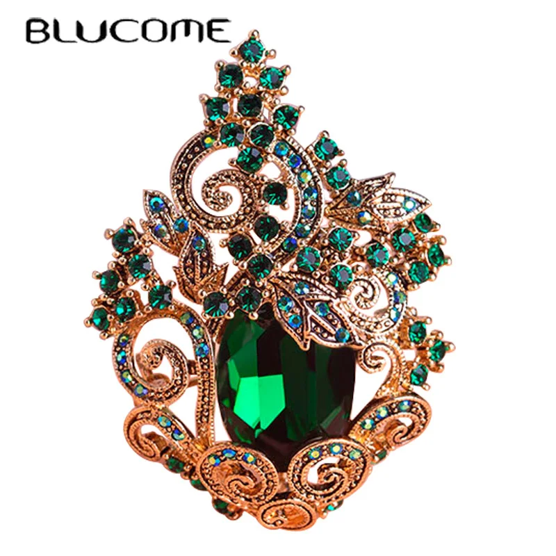 

Blucome Retro Green Large Peacoke Crystal Brooches Vintage Jewelry Wedding Brooch Bouquet Corsages Antique Gold Flower Hijab Pin