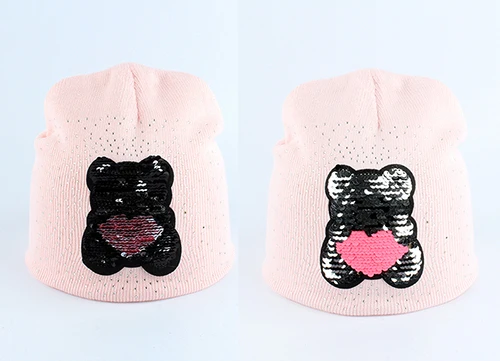 bear light pink Зимняя шапка для маленьких девочек, зимняя шапка с рисунком медведя, забавная шапка с пайетками, двухслойная теплая вязаная шапка со стразами, шапочки - Цвет: bear light pink