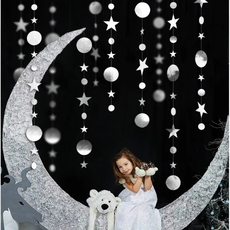 

4m Mirror Star Round Silver Gold Paper Garland Banner Happy1st Birthday Decoration Boy Girl Baby Shower Decor Wedding Supplies