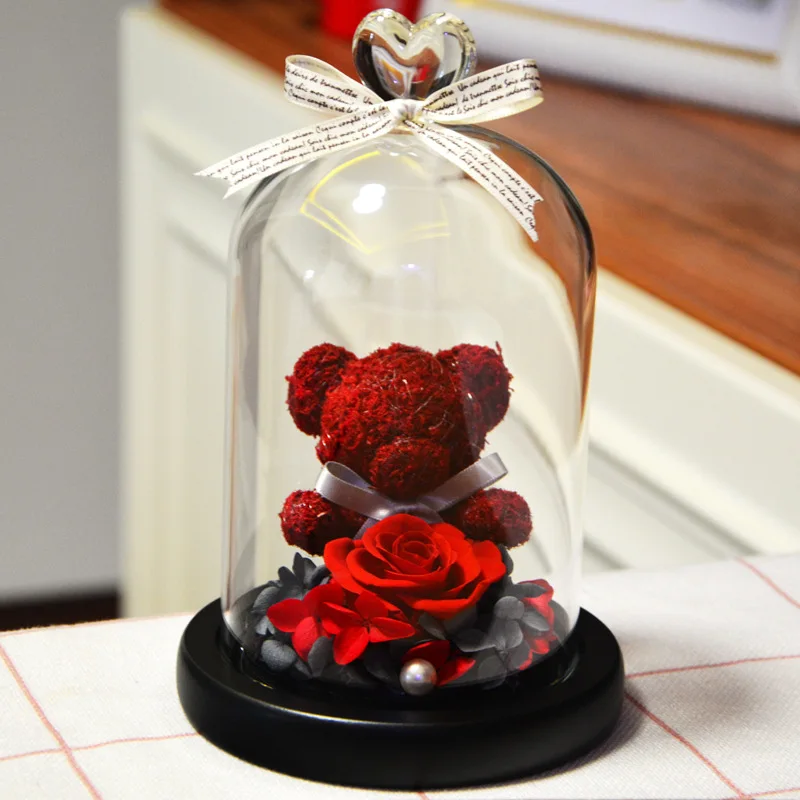 

New Teddy Bear Rose Flowers In Glass Dome Christmas Festival DIY Cheap Home Wedding Decoration Birthday Valentine's Day Gift