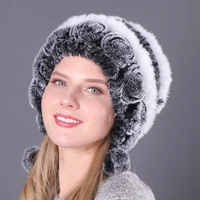 new flowers striped natural real rex rabbit fur hats winter women warm knit fur caps russian outdoor fur hats