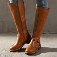women knee high boots winter womens buckle zip leather long boot woman low heels ladies non slip female comfort shoes plus size