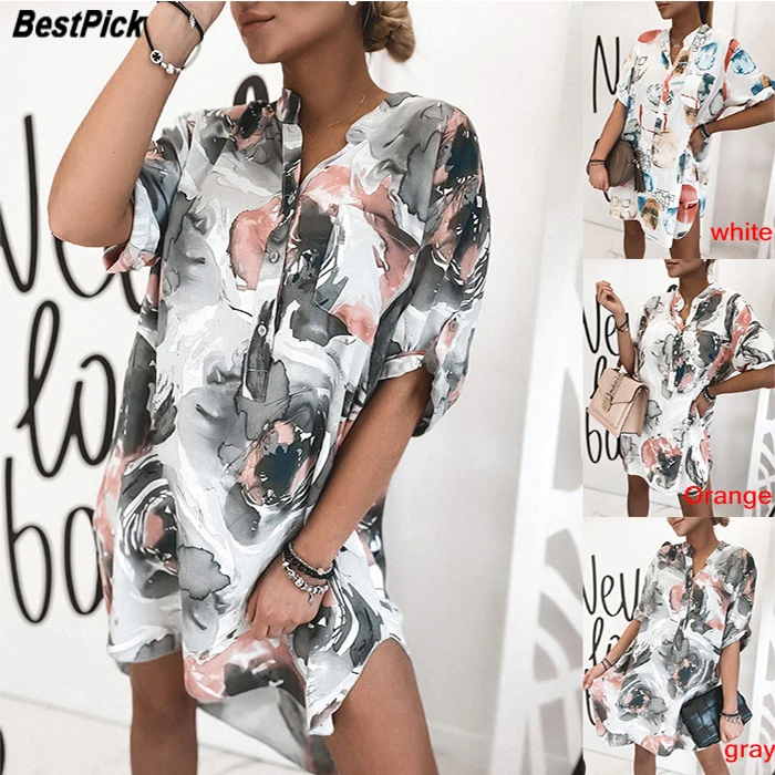

Vintage Ink Painting Print Casual Women Dresses Elegant Short Sleeve Short Shirt Dress Plus Size Loose Office Lady Blouse Dress