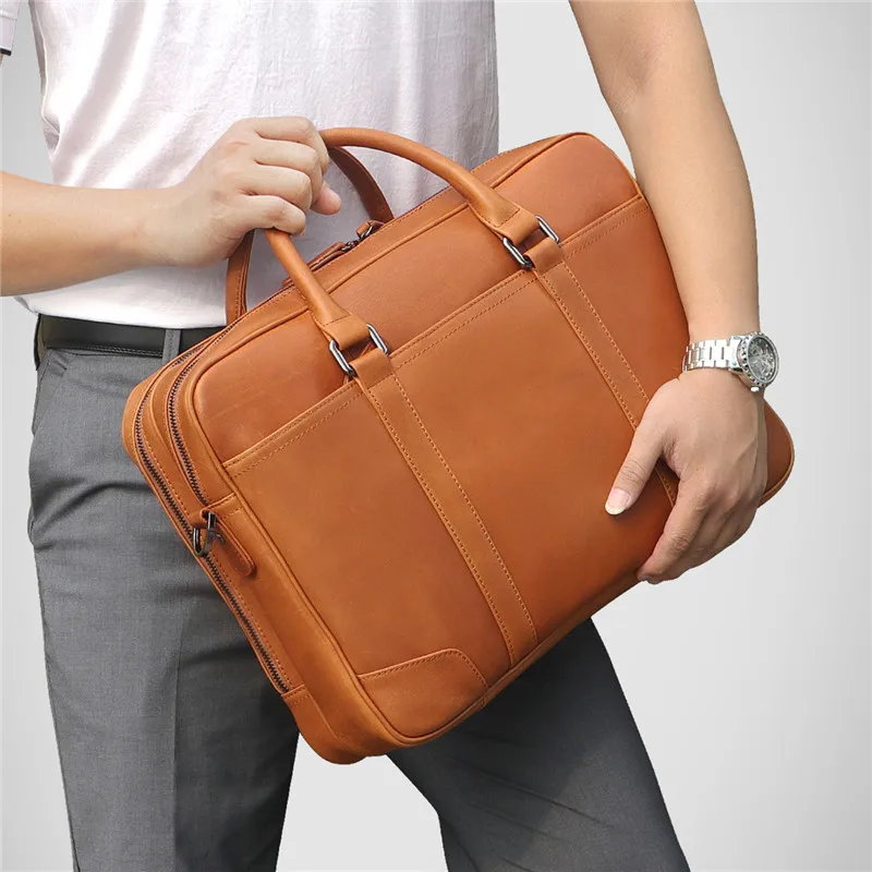POOLOOS High Quality Black Brown Genuine Leather Men Briefcase Messenger Bags Business Travel Bag 14'' Laptop Portfolio M7348
