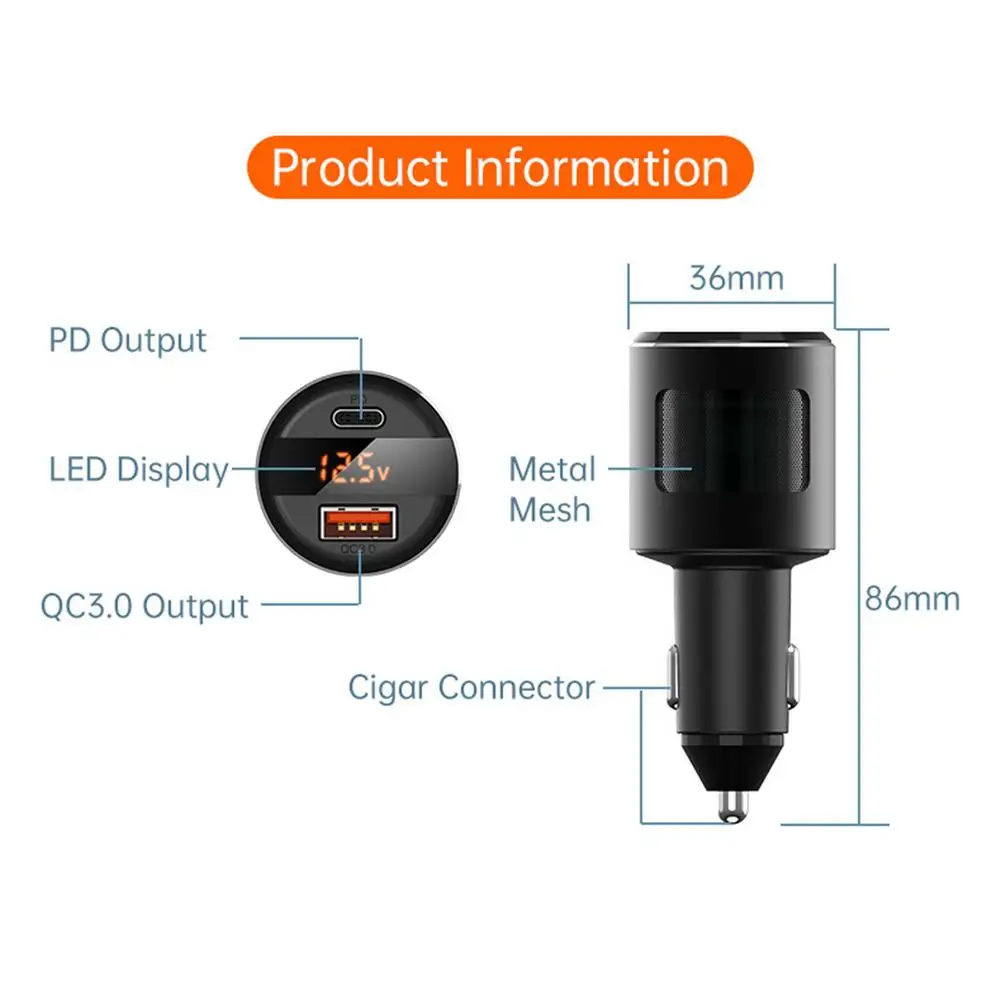 

65W USB C Car Charger Mini Dual USB Car Charger PD3.0 QC3.0 Dual Port Fast Charging Charger USB Adapter For Car Auto Accessories