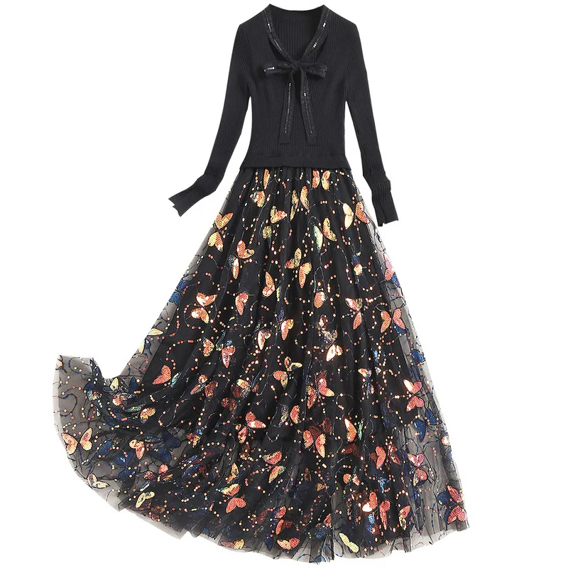 

2020 Fall Sequined Buttefly Office Lady Skirt Long Patched Gauze Fall Bottom V Neck Lace Up Collar Knitted Dress Women