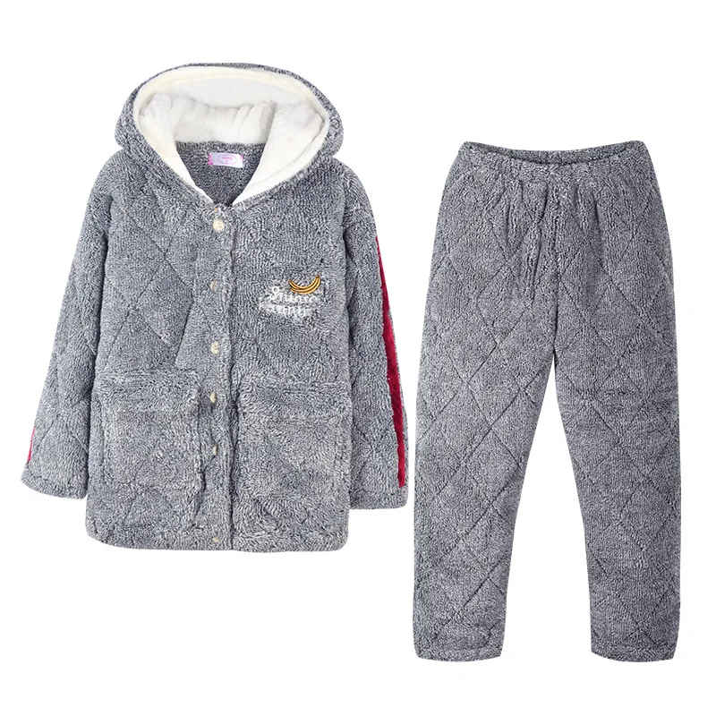 Winter Pajamas with Cotton Women's Three-layer Beibei Plush Warm Set Flannel Cationic Hoodie  Pajamas for Women  Pajamas