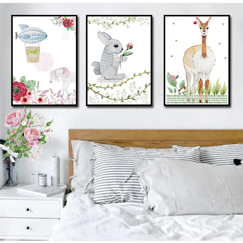 Детская лес стены искусства кролик рисунок оленя на холсте для детей с