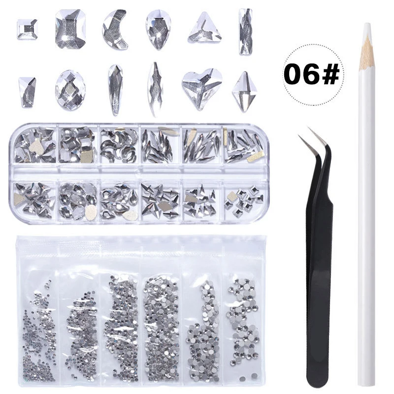 

1 Box Mixed AB Glass Crystal Diamond In Grids Shape And Flatback Nail Art Rhinestone Set With 1 Pick Tweezer