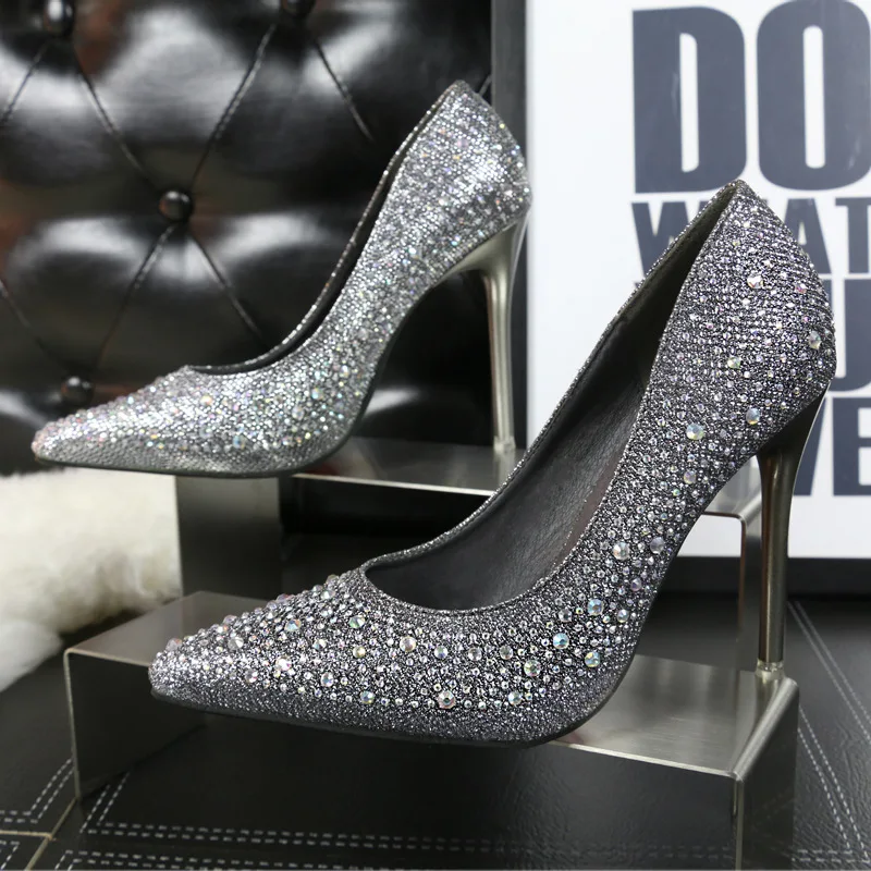 

2019 new fashion sequins fine heel pointed crystal sexy comfortable single shoes women