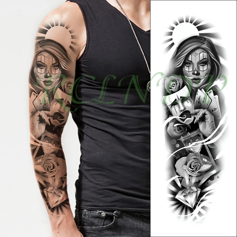 Водостойкая Временная тату наклейка цветок маска клоуна девушка игральные карты