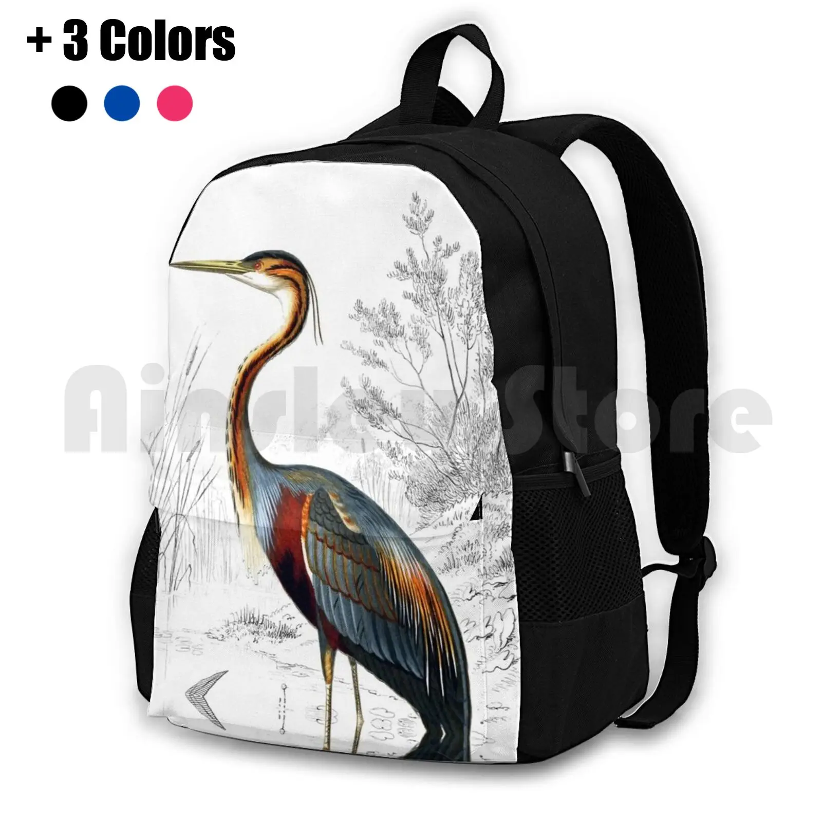 

Colorful Heron Antique Artprint Outdoor Hiking Backpack Waterproof Camping Travel Nature Jungle Spring Floral Petal Beautiful