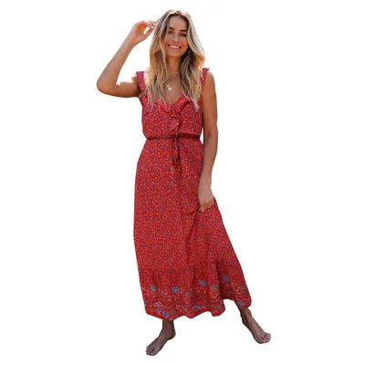 

Summer New Women's High Waist Sleeveless V-neck Print Open Back Suspender Elegant Women's Bohemian Long Dress