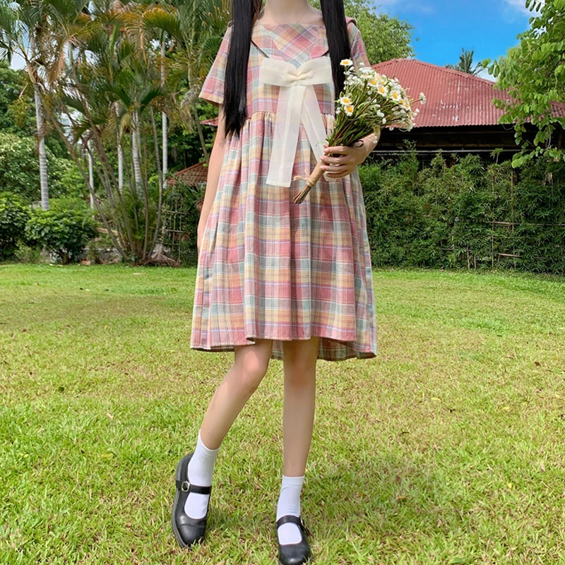 

Japanese College Style Plaid Women Dress 2020 New Summer Splice Sweet Girl Sailor Collar Lace Bow Kawaii Puff Sleeve Lady Dress