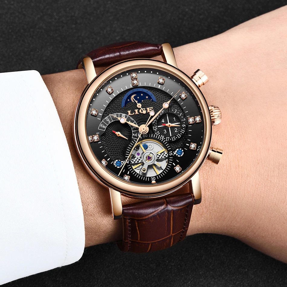 LIGE, подарок, мужские часы, брендовые, Роскошные, модные, Tourbillon, автоматические механические часы, мужские часы из нержавеющей стали, Relogio Masculino