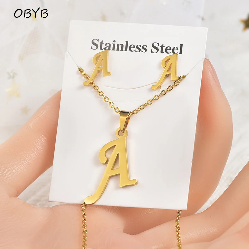 

A-Z Letter Stainless Steel Initial Necklace And Stud Earrings Jewelry Sets Alphabet Pendant Gold Color Chain Punk Jewelry Gift
