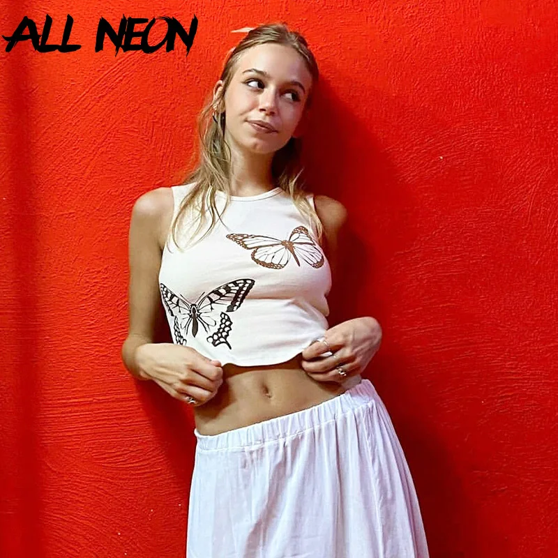 

ALLNeon E-girl Streetwear Butterfly Print Baby Tanks Y2K Fashion Grunge O-neck Sleeveless White Crop Tops Vintage Cute Vests New
