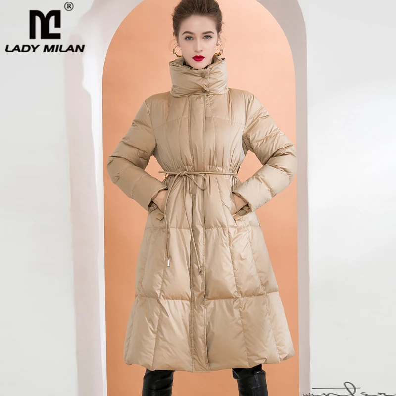 

Women's White Duck Down Coat Stand Double Layer Collar Long Sleeves Lace Up Fashion Overcoat Outerwear Parkas