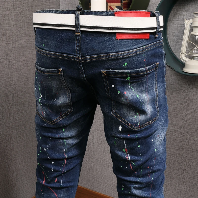 European American Street Style Fashion Men Jeans Retro Blue Slim Fit Painted Designer Jeans Men Hip Hop Cotton Denim Punk Pants