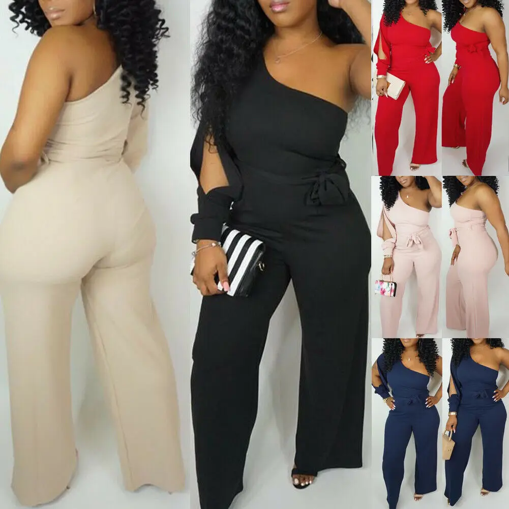 

2019 Ladies Women Jumpsuits Casual One Shoulder Long Sleeve Loose Summer Clubwear Solid Red Blue Playsuit Bodycon Party Romper