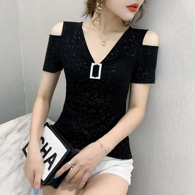

Hot drill off shoulder T-shirt fashion short sleeve new slim slim foreign style T-shirt