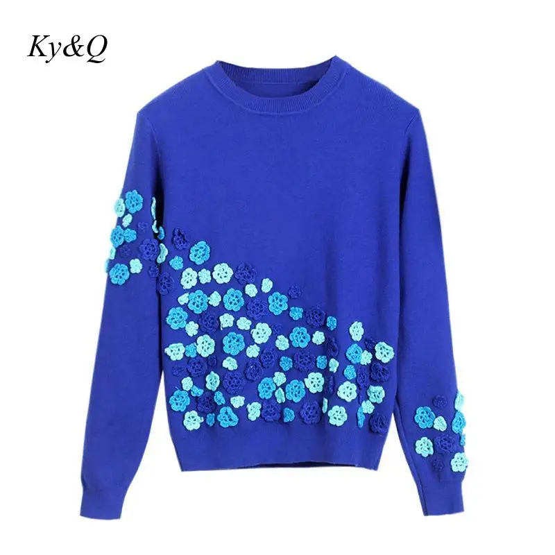 Runway Brand Designer 2019 Winter Women Sweet Flower Appliuques O-neck Pullover Sweater Small Fresh Jumper Christmas | Женская одежда