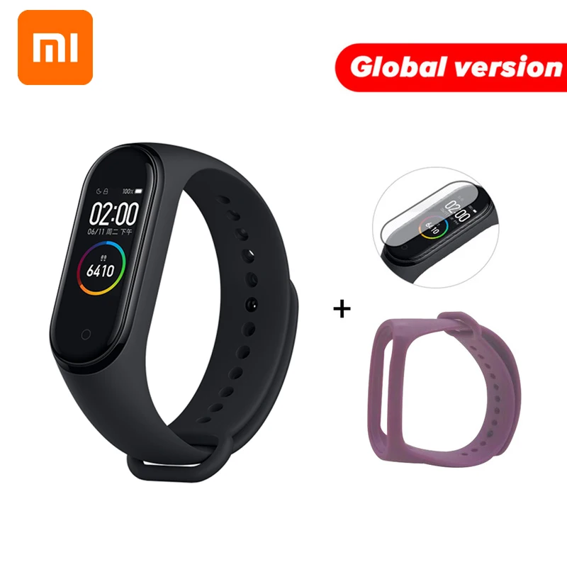 Global Purple N Film Xiaomi mi Band 4 глобальная версия цветной экран Смарт-Браслет фитнес-трекер mi Band 4 браслет Bluetooth водонепроницаемый для IOS/Android - Цвет: Global Purple N Film