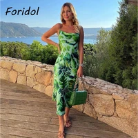 foridol leaf print boho summer maxi dress long sleeveless green beach dress sundress 2021 bohemian party vestidos