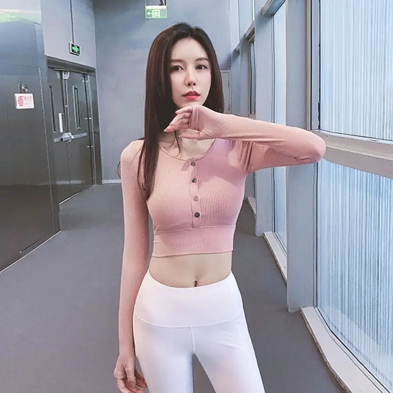 

Женская футболка с нагрудной подушечкой, одежда для йоги с круглым вырезом, быстросохнущая дышащая облегающая эластичная одежда для фитнес...