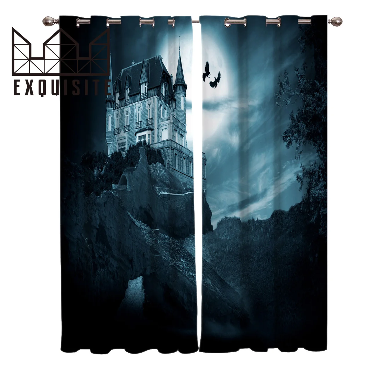 Изысканный дом Хэллоуин ведьма лунный замок летучая мышь ужас окно занавеска s