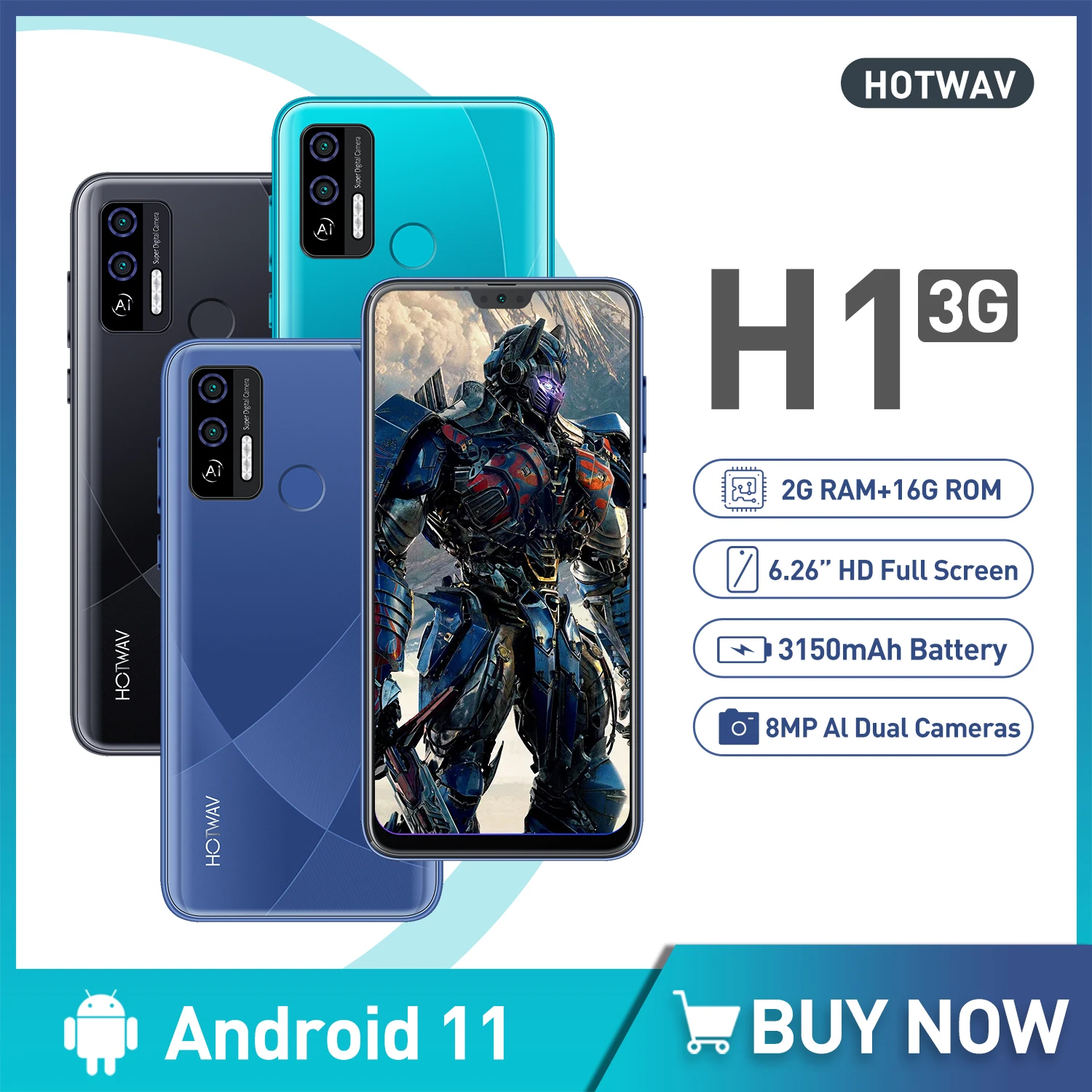 HOTWAV H1 Mobile Phone Android 11 Quad Core Cellphone 6.26 inch HD Smartphone 2GB RAM 16GB ROM 8MP Al Camera Dual SIM 3G 3150mAh