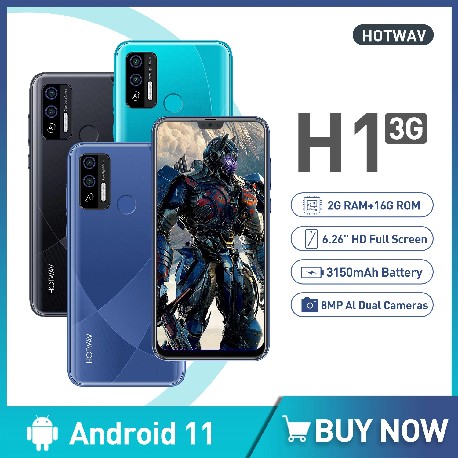 HOTWAV H1 мобильный телефон Android 11 четырехъядерный 6 26 дюймов HD смартфон 2 Гб ОЗУ 16 ПЗУ