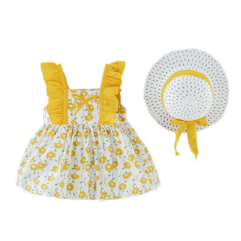 

2021 New Fashion Toddler Baby Girl Dressed 2pcs Set Bow Hat+ Sleeveless Cherry Print Princess Dress Clothes Cute Sweet Cotton