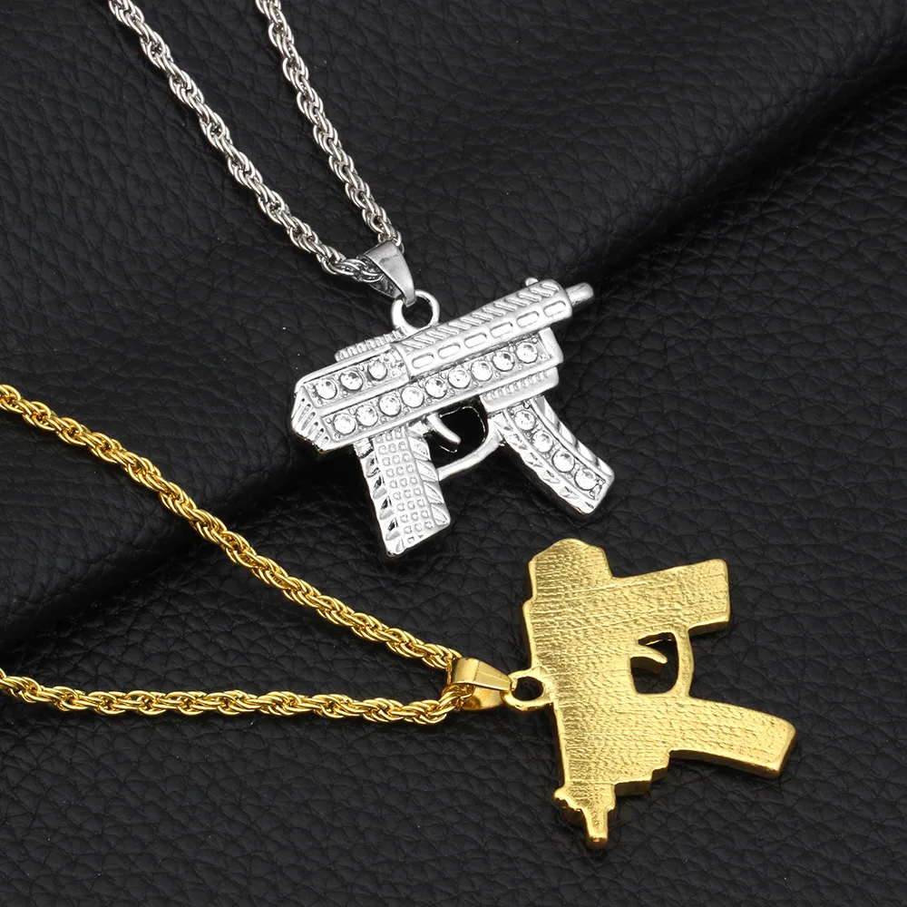 Ожерелье с подвеской из металлического сплава AK47, со льдом, стразы, золото, серебро, длинная цепочка, ожерелье для женщин и мужчин, хип-хоп ювелирные изделия