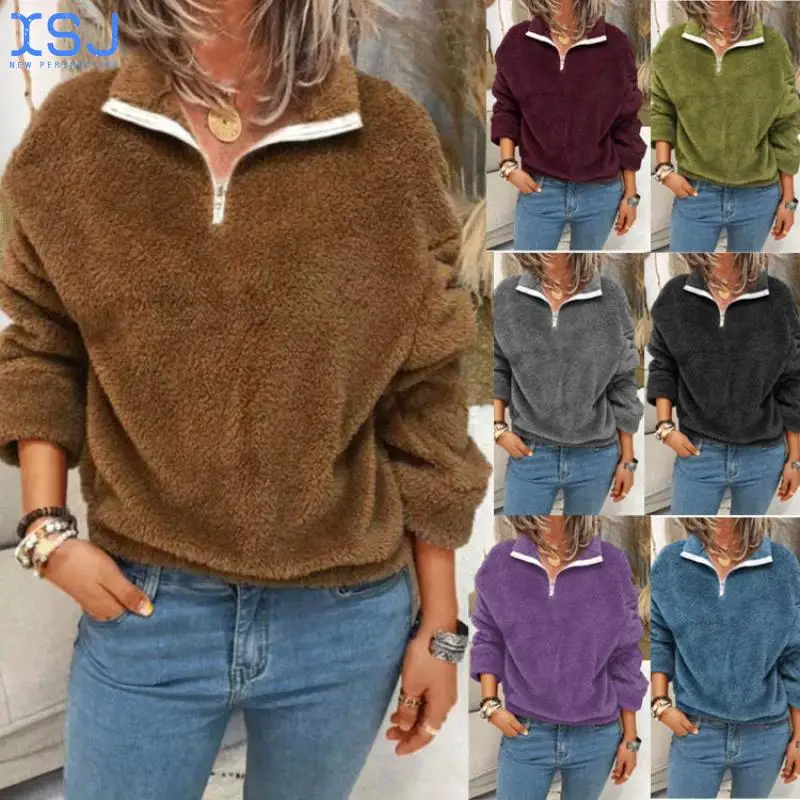 

Winter Fashion Warm Women's Lapel Casual Solid Color Casual Pullover Flannel Sweater Women Sweater