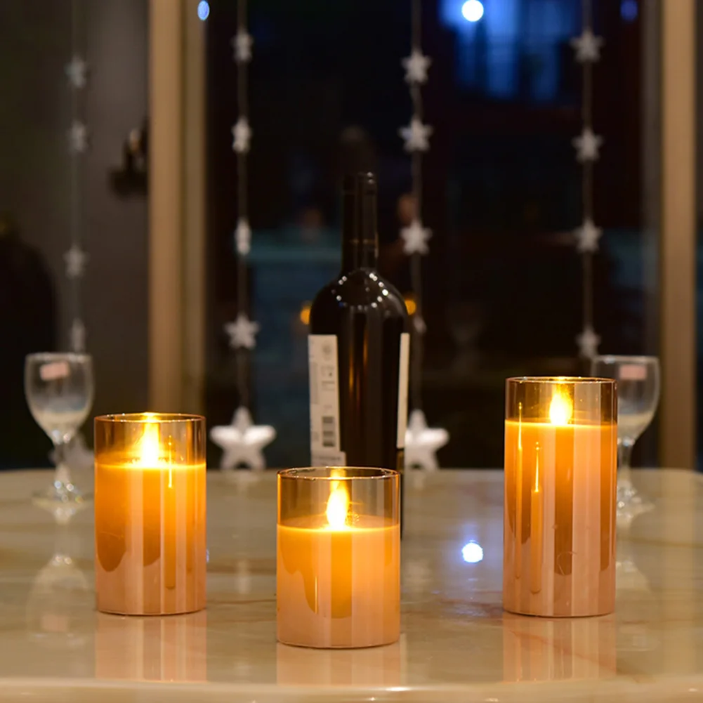 

3pcs Tea Lights Restaurant Hotel Flickering With Remote Party Flameless Candle Electroplating Brown Glass Electronic Candle