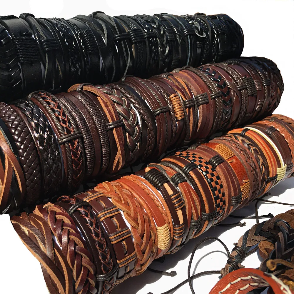 

50Pcs/lot Wholesale Handmade Random Fashion Bracelets Mix Styles Braided Ethinc Tribal Leather Bracelets for Men Women FT10